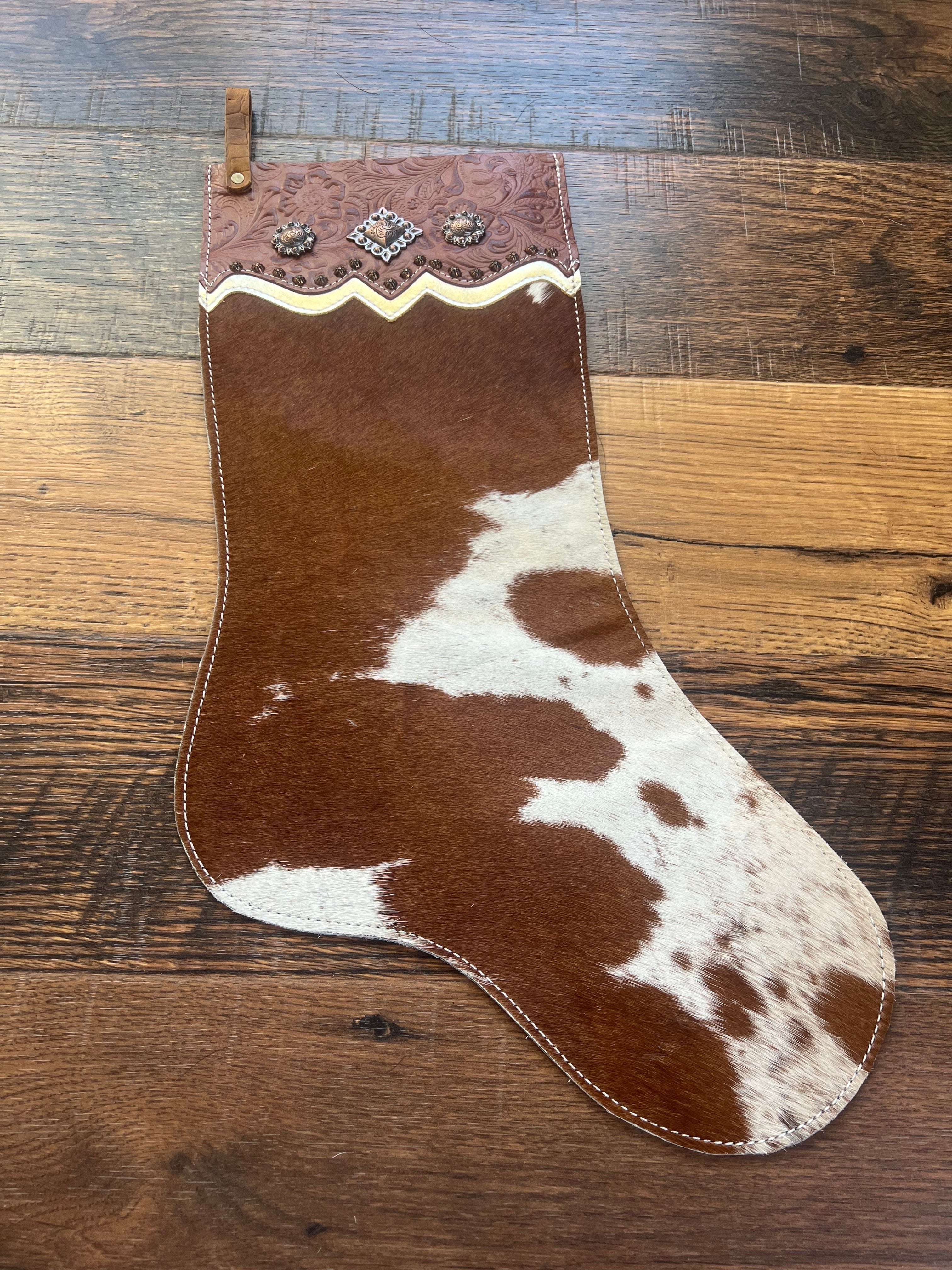 Brown and White Cowhide Christmas Stocking - Tooled Cuff