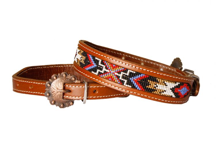 Leather Dog Collar- Navajo Red- Beaded Dog Collar - Ranch Hand Store